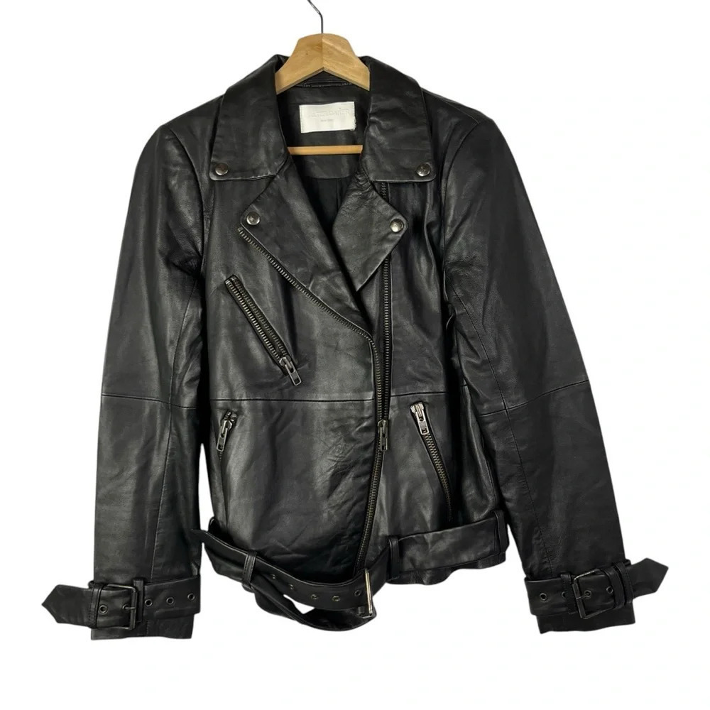 Walter Baker Black Leather Belted Moto Jacket S